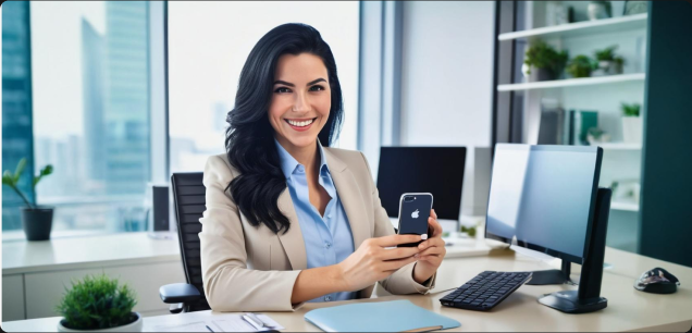 Imagem de demonstração, exibe uma mulher branca, cabelo preto, vestindo camisa azul, paletó bege, segurando um celular, sentada em um local que parece um escritório, sobre a mesa monitor, teclado, pastas, folhas e um vaso pequeno de planta. Ao fundo uma estante e uma grande janela.